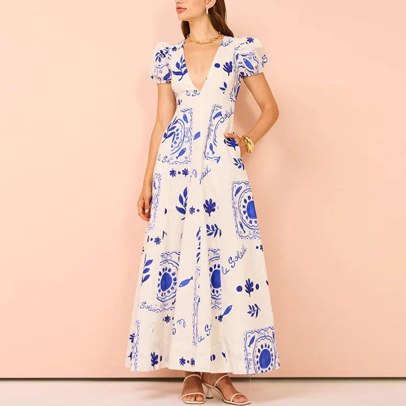 Robe Longue à Manches Bouffantes Col en V