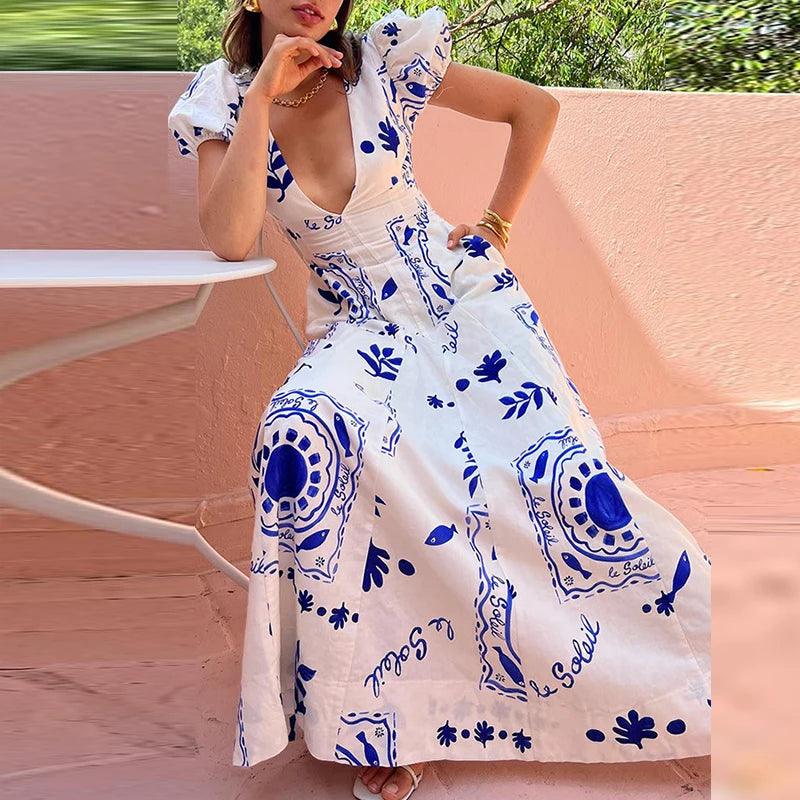 Robe Longue à Manches Bouffantes Col en V