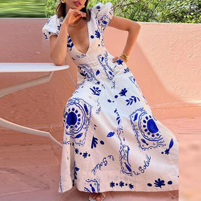 Robe Longue à Manches Bouffantes Col en V