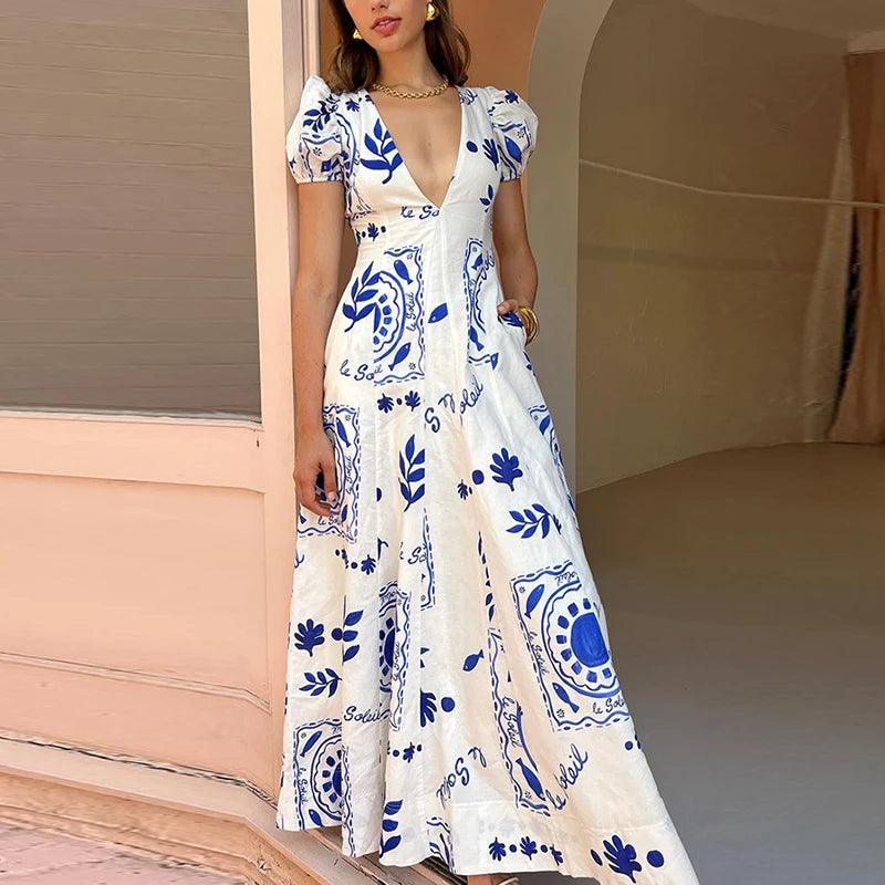 Robe Longue à Manches Bouffantes Col en V