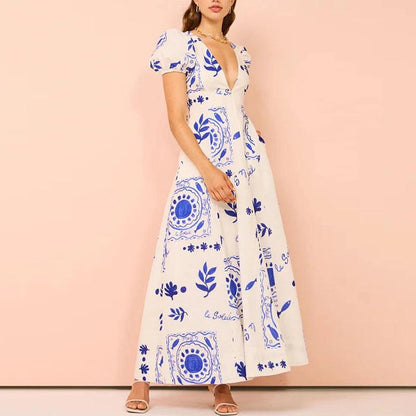Robe Longue à Manches Bouffantes Col en V