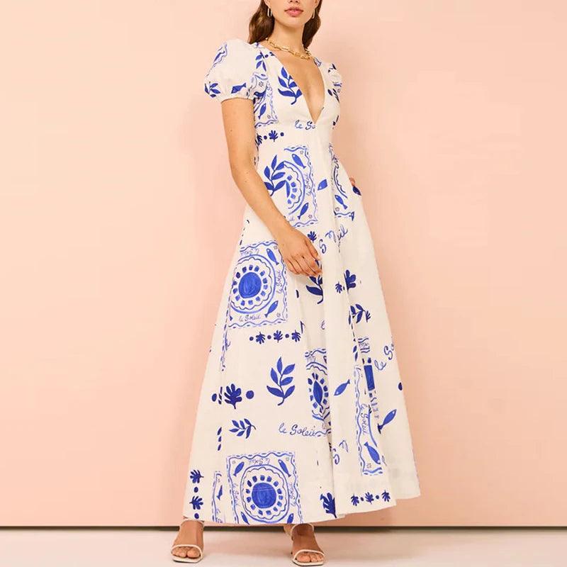 Robe Longue à Manches Bouffantes Col en V
